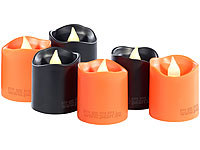 Lunartec 6er-Set Halloween-LED-Teelichter, bewegliche Flamme, orange & schwarz; Akku-LED-Teelicht-Sets mit Ladestation 