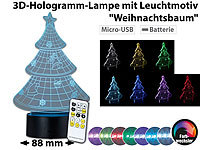 Lunartec 3D-Hologramm-Lampe mit Leuchtmotiv "Weihnachtsbaum", 7-farbig; Party-LED-Lichterketten in Glühbirnenform Party-LED-Lichterketten in Glühbirnenform 