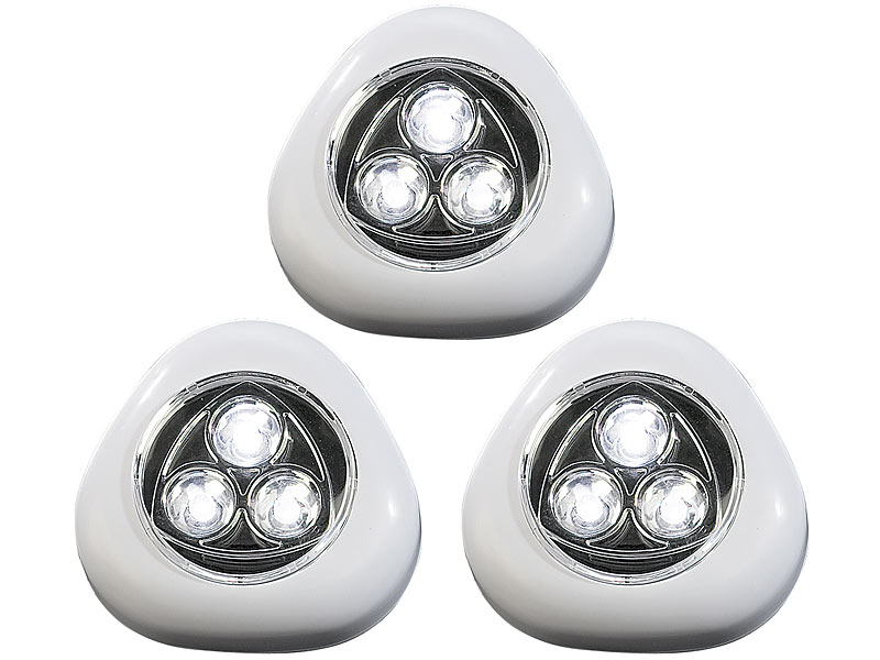 Lunartec "Stick & Push"-Light mit 3 weißen LEDs, 3er-Set; LED Lichtleisten 