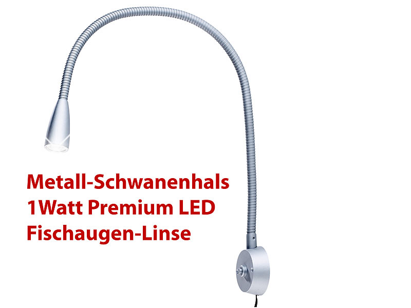100 lm Wandbefestigung Lunartec LED-Leuchte mit Aluminium-Schwanenhals 1 W 