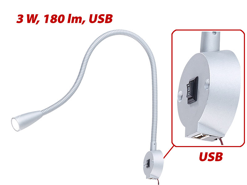Flexible LED-Bettleuchte/-Leseleuchte integrierter USB Ladefunktion verchromt 
