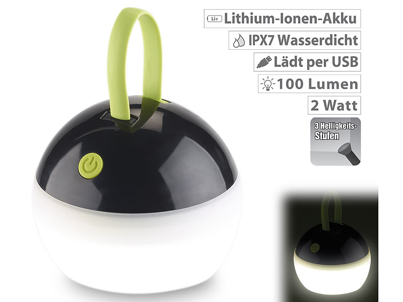 3 Helligkeitsstufen USB 100 lm IPX7 Lunartec LED-Akku-Zeltleuchte 2 Watt 
