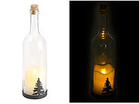 Lunartec Deko-Glasflasche mit LED-Kerze, bewegliche Flamme, Timer, Tannen-Motiv; Kabellose, dimmbare LED-Weihnachtsbaumkerzen mit Fernbedienung und Timer 