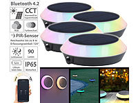 Lunartec 4er-Set Solar-Outdoor-Leuchte, RGB-CCT-LEDs, PIR, Bluetooth, App, 90lm; LED-Solar-Wegeleuchten LED-Solar-Wegeleuchten LED-Solar-Wegeleuchten LED-Solar-Wegeleuchten 