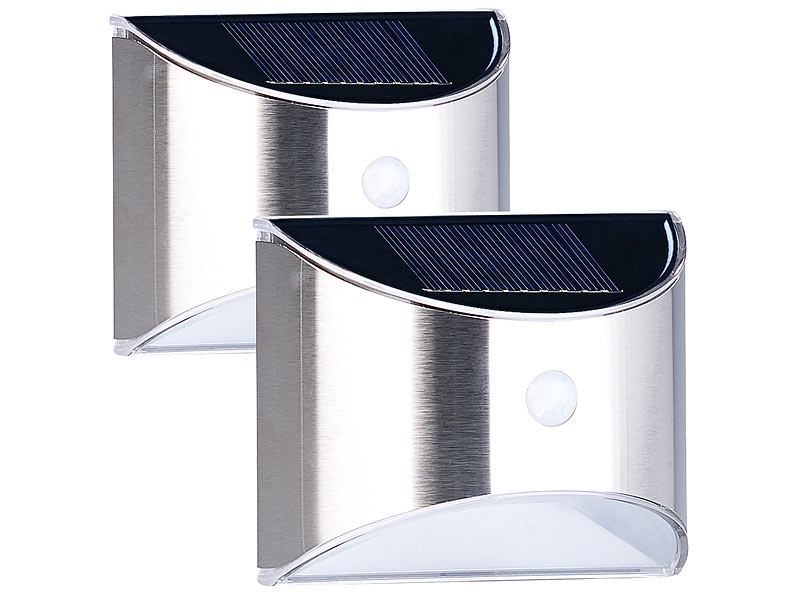 Lunartec 4er-Set Solar-LED-Wandleuchte mit PIR-Sensor 20 lm IP44 Edelstahl 