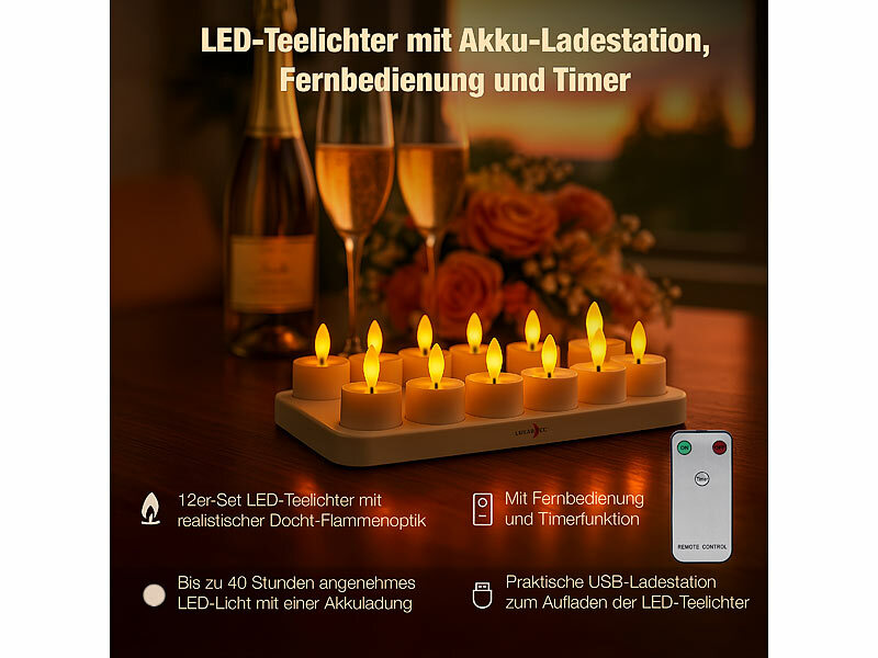 ; Akku-LED-Teelicht-Sets mit Ladestation Akku-LED-Teelicht-Sets mit Ladestation Akku-LED-Teelicht-Sets mit Ladestation 
