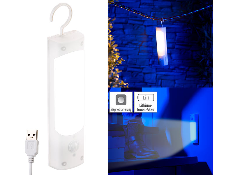 Lunartec 4in1-Akku-LED-Lampe mit Bewegungsmelder und USB