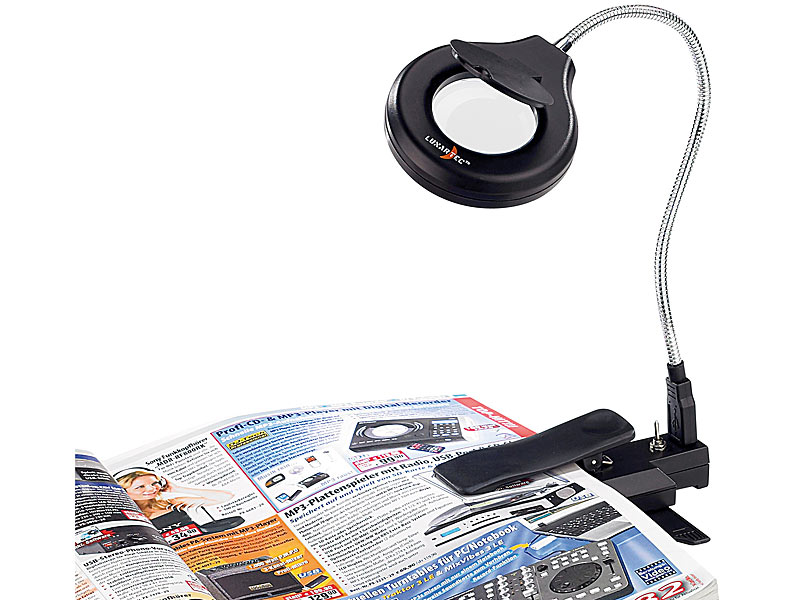 Lunartec Portable USB-LED-Lupenlampe mit 2-facher Vergrößerung; Schreibtischlampen Schreibtischlampen 
