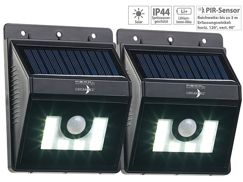 Dimm-Funktion mit Solar-LED-Wandleuchten 2er-Set Bewegungsmelder, Lunartec