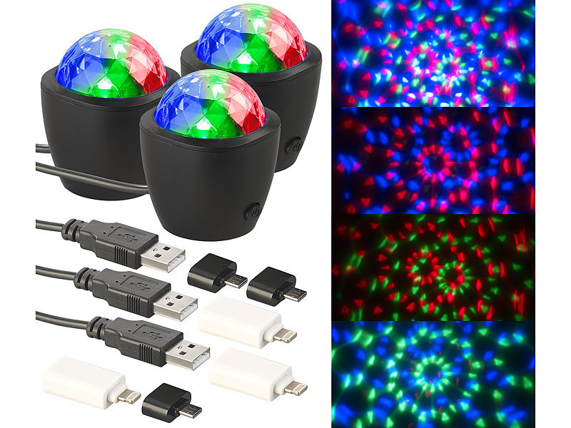 Lunartec 3er-Set Mini-RGB-Disco-Licht, Akustik-Sensor, USB &  iPhone-Anschluss