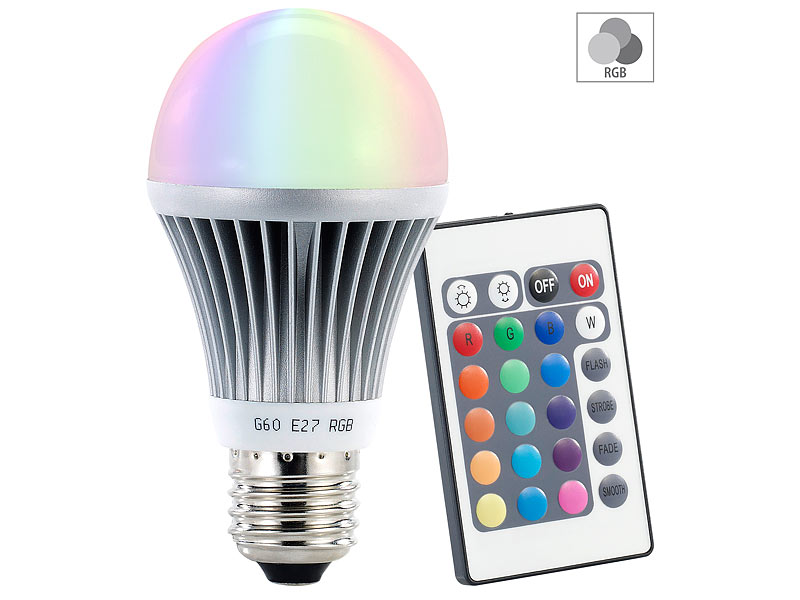 ; LED-Spots GU5.3 (warmweiß), LED-Disco-Tropfen E27 mit Farbwechsel (RGBW) 