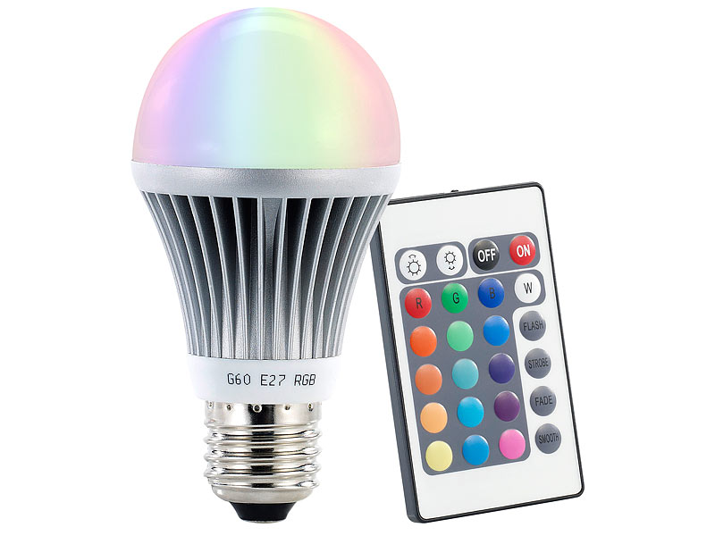 ; LED-Spots GU5.3 (warmweiß), LED-Disco-Tropfen E27 mit Farbwechsel (RGBW) 