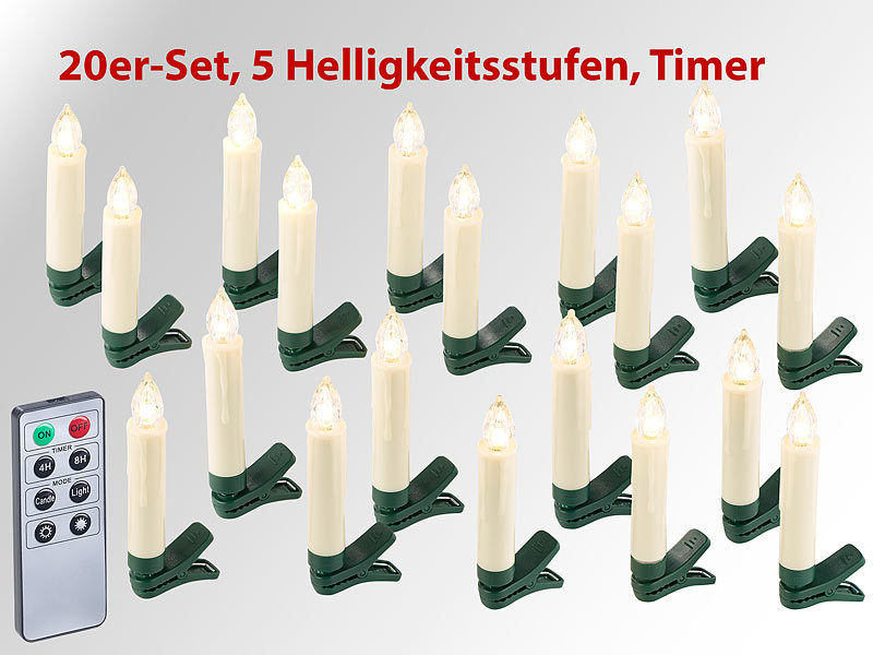 Lunartec 20er-Set LED-Weihnachtsbaum-Kerzen mit IR-Fernbedienung, Timer,  weiß