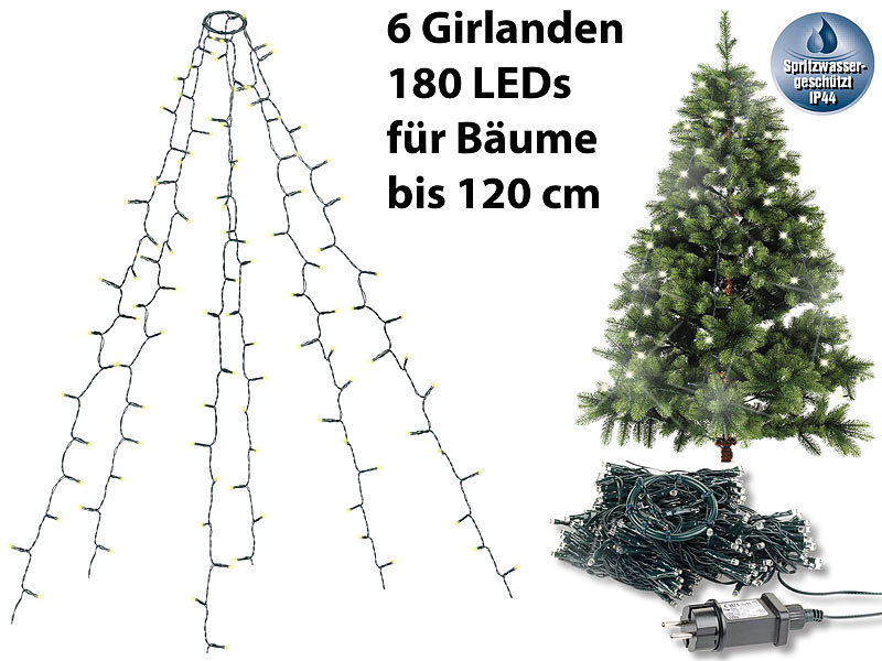 Lunartec Weihnachtsbaum-Überwurf-Lichterkette mit 6 Girlanden & 180 LEDs,  IP44