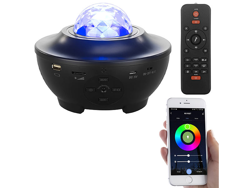 Lunartec Laser-Sternenlicht-Projektor mit Lautsprecher, Bluetooth, WLAN &  App