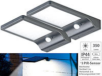 Lunartec 2er-Set Solar-LED-Wandleuchten, PIR-Sensor & Nachtlicht, IP44, 350 lm; LED-Solar-Außenlampen mit PIR-Sensoren (neutralweiß), LED-Garten-Dekorationen LED-Solar-Außenlampen mit PIR-Sensoren (neutralweiß), LED-Garten-Dekorationen LED-Solar-Außenlampen mit PIR-Sensoren (neutralweiß), LED-Garten-Dekorationen