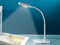 Lunartec LED-Schreibtischlampe mit Schwanenhals, 5 Watt, silbern; LED-Tageslichtlampen mit einstellbarer Helligkeit und Farbtemperatur, Timer LED-Tageslichtlampen mit einstellbarer Helligkeit und Farbtemperatur, Timer LED-Tageslichtlampen mit einstellbarer Helligkeit und Farbtemperatur, Timer 