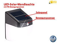 Lunartec LED-Solar-Wandleuchte mit PIR-Bewegungsmelder, 30 Lumen, 1 Watt, IP44; LED Solarleuchten Balkon, Balkon Solar-BeleuchtungSolar Leuchten BalkonTreppenleuchten Treppenbeleuchtung Zaunlampen TerrassenTreppenlichter Wandbeleuchtung Zaunleuchten ZäuneBalkonleuchten 