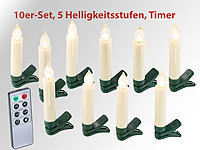 Lunartec 10er-Set LED-Weihnachtsbaum-Kerzen mit IR-Fernbedienung, Timer, weiß; LED-Weihnachtsbaumkerzen-Lichterketten, Party-LED-Lichterketten in Glühbirnenform LED-Weihnachtsbaumkerzen-Lichterketten, Party-LED-Lichterketten in Glühbirnenform LED-Weihnachtsbaumkerzen-Lichterketten, Party-LED-Lichterketten in Glühbirnenform LED-Weihnachtsbaumkerzen-Lichterketten, Party-LED-Lichterketten in Glühbirnenform