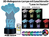 Lunartec 3D-Hologramm-Lampe mit Leuchtmotiv "Love im Herzen", 7-farbig; LED-Tischlampen mit PIR-Sensoren LED-Tischlampen mit PIR-Sensoren LED-Tischlampen mit PIR-Sensoren 