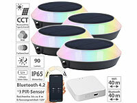 Lunartec 4er-Set Solar-Outdoor-Leuchten, RGB-CCT-LEDs, PIR, WLAN-Gateway, App; LED-Solar-Wegeleuchten LED-Solar-Wegeleuchten LED-Solar-Wegeleuchten LED-Solar-Wegeleuchten 