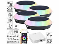 Lunartec 4er-Set Solar-Outdoor-Leuchten, RGB-CCT-LEDs, PIR, WLAN-Gateway, App