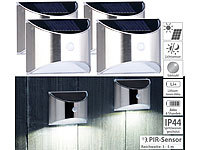Lunartec 4er-Set Solar-LED-Wandleuchte mit PIR-Sensor, Edelstahl, 20 lm, IP44; LED-Solar-Wegeleuchten mit Bewegungssensoren 