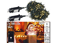 Lunartec 2er-Set WLAN-Lichterketten, je 160 warmweiße LEDs, 8 Modi, App, je 16m; LED-Solar-Lichterketten (warmweiß) 
