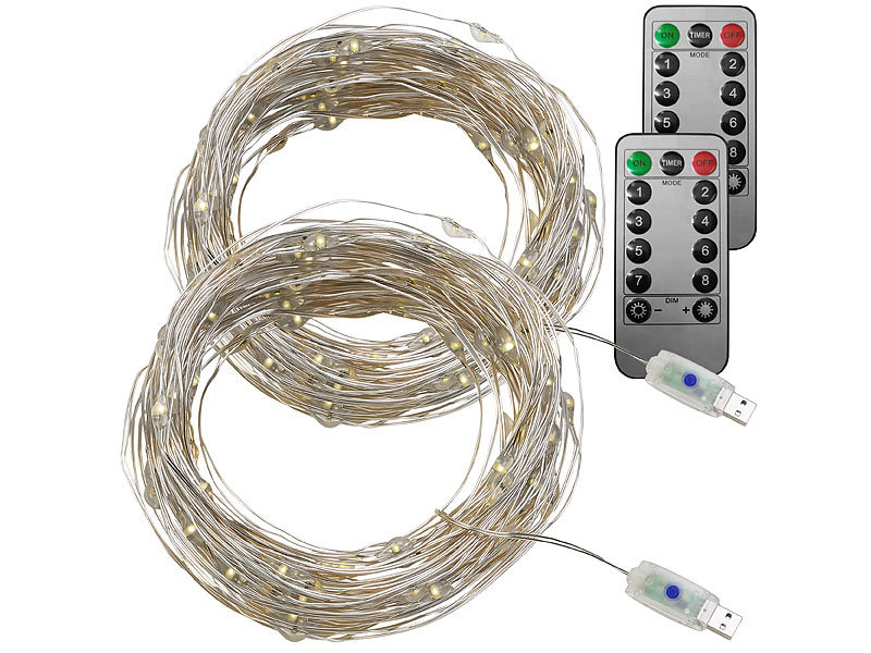 Lunartec 2er-Set USB-LED-Lichterdraht, 100 LEDs, 8 Modi, 10 m,  tageslichtweiß