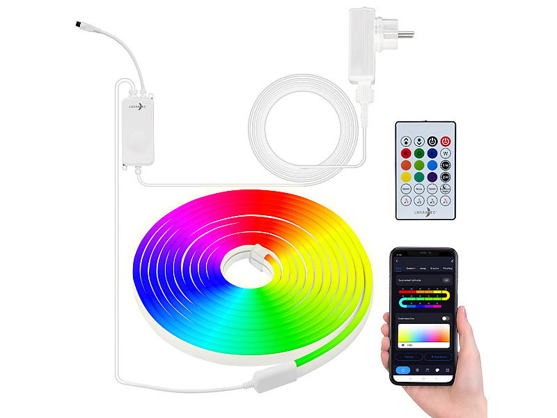 Luminea Home Control LED Bänder: WLAN-RGB-LED-Streifen mit Sound-Steuerung,  App, Sprachsteuerung, 10 m (LED Streifen Soundsteuerung)