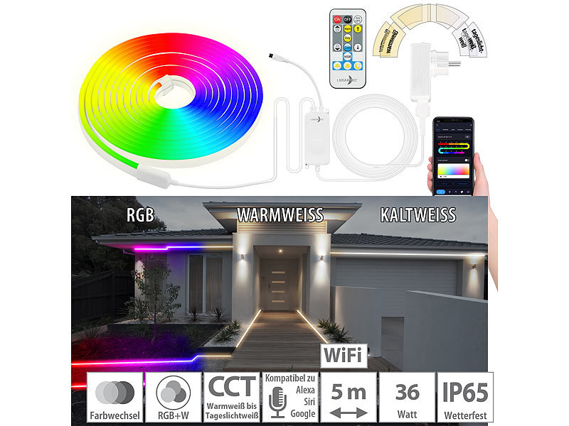 Luminea Home Control LED Bänder: WLAN-RGB-LED-Streifen mit Sound-Steuerung,  App, Sprachsteuerung, 10 m (LED Streifen Soundsteuerung)